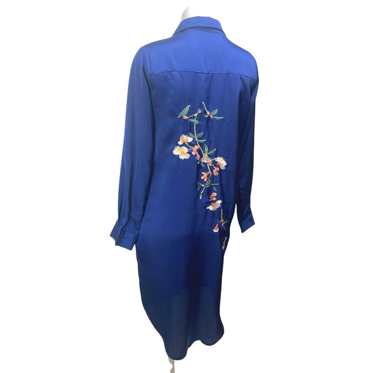 Missguided Blue Floral Embroidered Long Sleeve Button Down Midi Dress Size 8