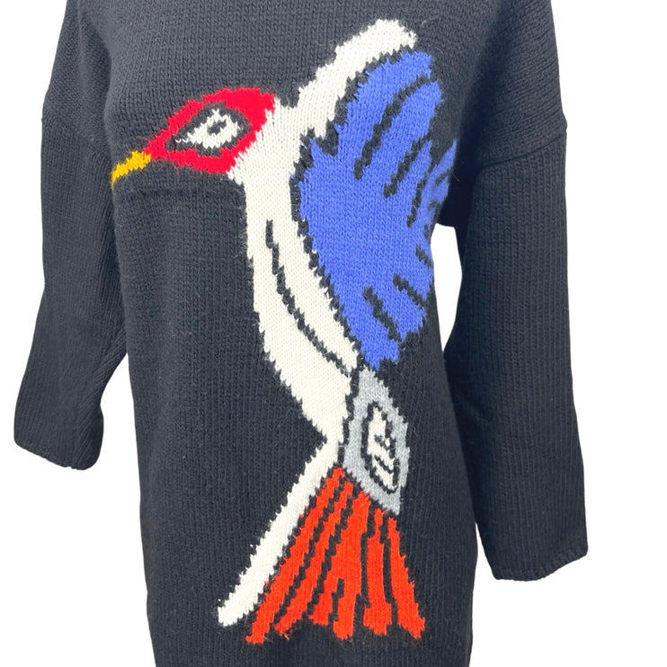 Akep Black Wool Knitted Bird Print Long Sleeve Pullover Mini Sweater Dress S/M