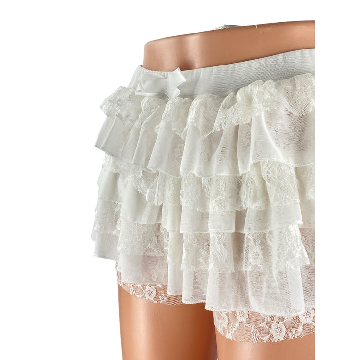 Women's White Lace Tulle Mesh Ruffle Bow Elastic Waist Micro Mini Skort Shorts S