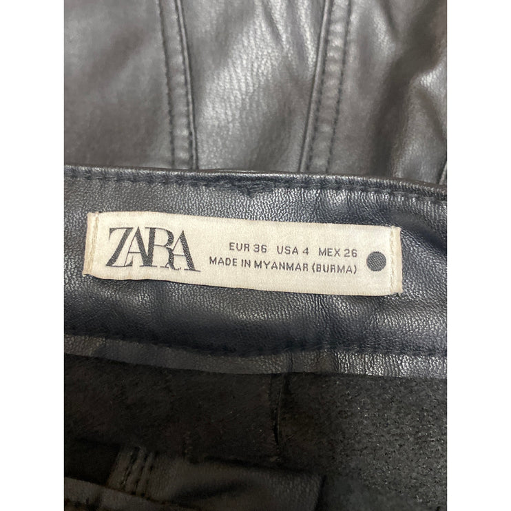 Zara Women's Black Faux Leather Vegan High Rise Straight Leg Trousers Pants Sz 4