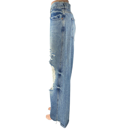 Ser.O.Ya Womens Blue High Waisted Distressed Wide Leg Baggy Denim Jeans Pants 31