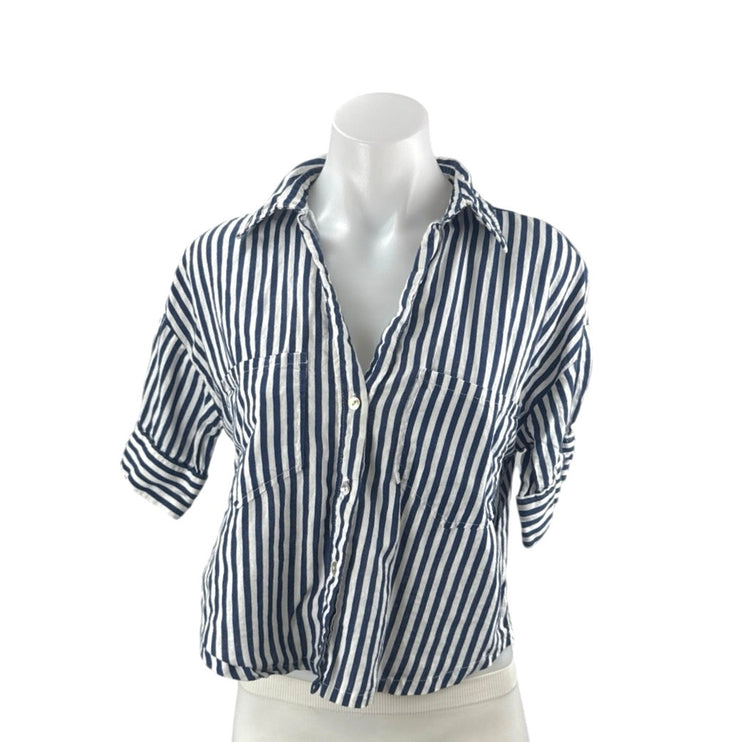 Zara Women's Blue Linen Striped Short Sleeve Crop Button Down Shirt Top Size XS