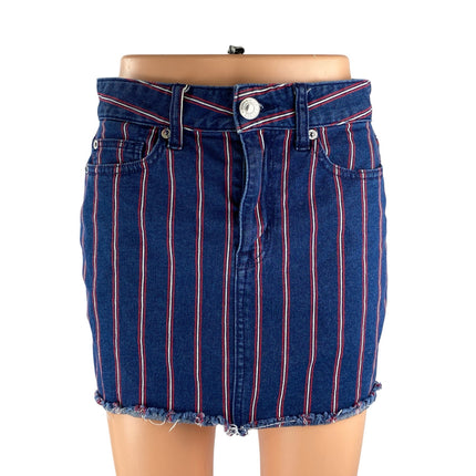 American Eagle Super Stretch Blue Striped Frayed Mini Denim Jean Shorts Size 2
