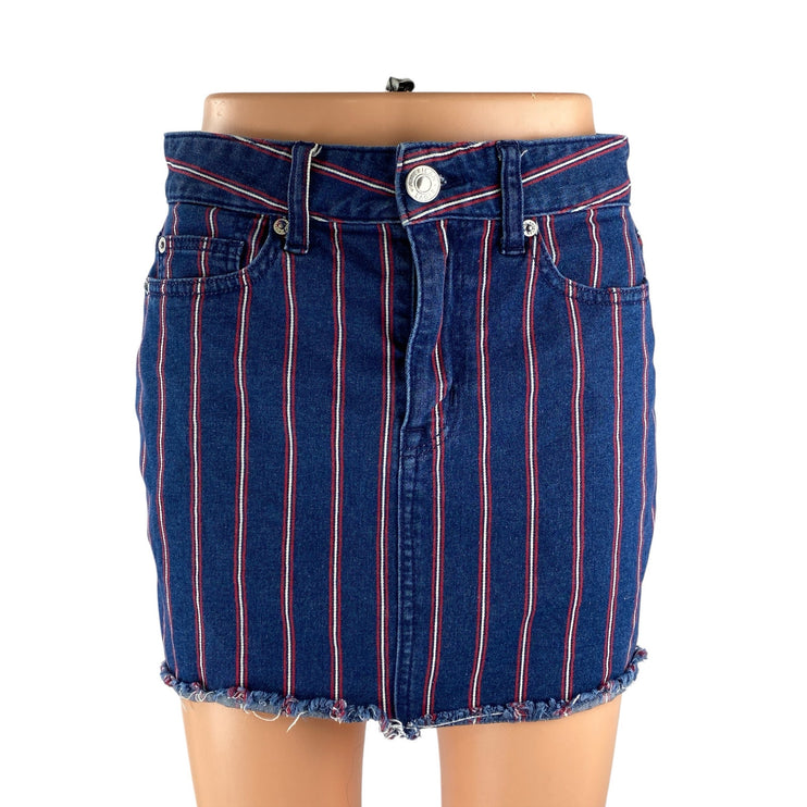 American Eagle Super Stretch Blue Striped Frayed Mini Denim Jean Shorts Size 2