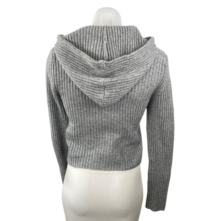Stradivarius Women's Gray Ribbed Knit Hoodie Hooded Cropped Sweater Top Size S