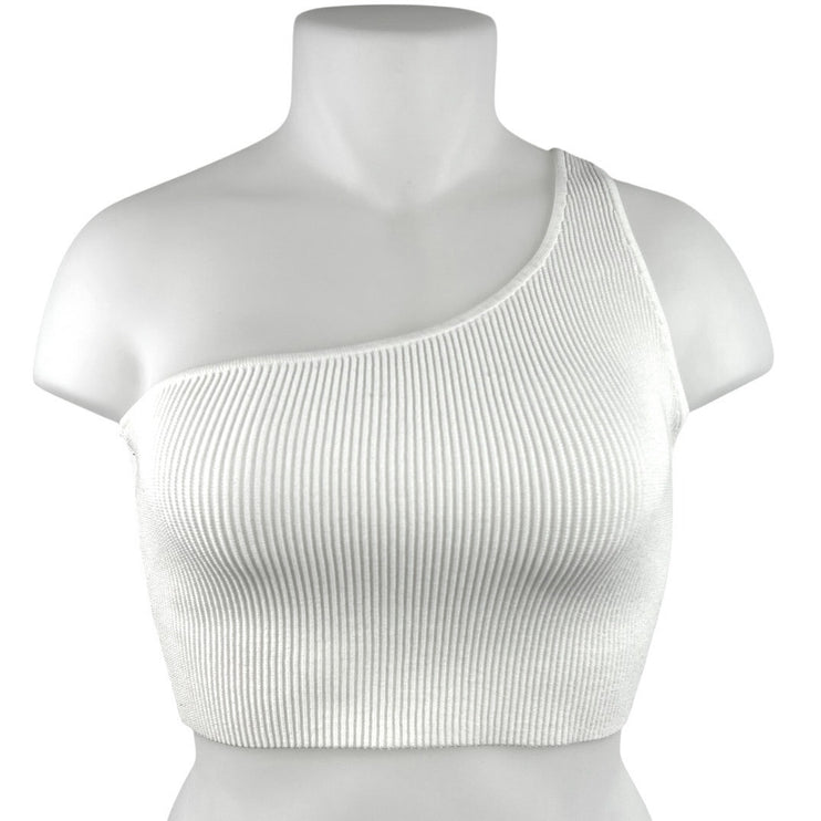 Aritzia Babaton Women's White One Shoulder Sleeveless Rib Knit Crop Top Size XL