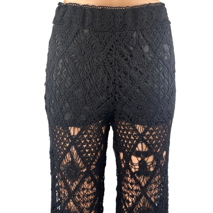 NEW Zara Black Crochet High Waist Sheer Wide Leg Cover Up Trousers Pants Size XS