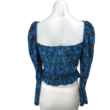 Zara Blue Multicolor Floral Square Neck Long Sleeve Peplum Crop Top Blouse Sz S