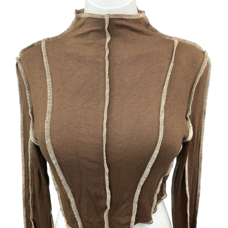 12th Tribe Avalon Brown Ribbed Stitched Seamed Mock Neck Long Sleeve Crop Top L