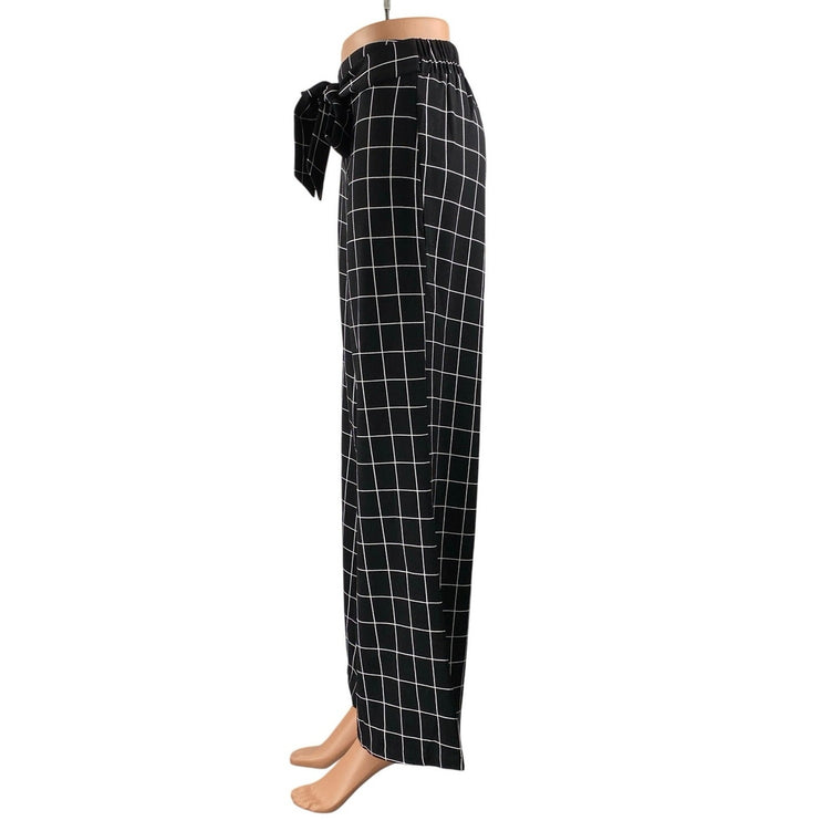 Mine Black Windowpane High Rise Drawstring Wide Leg Trousers Dress Pants Size S