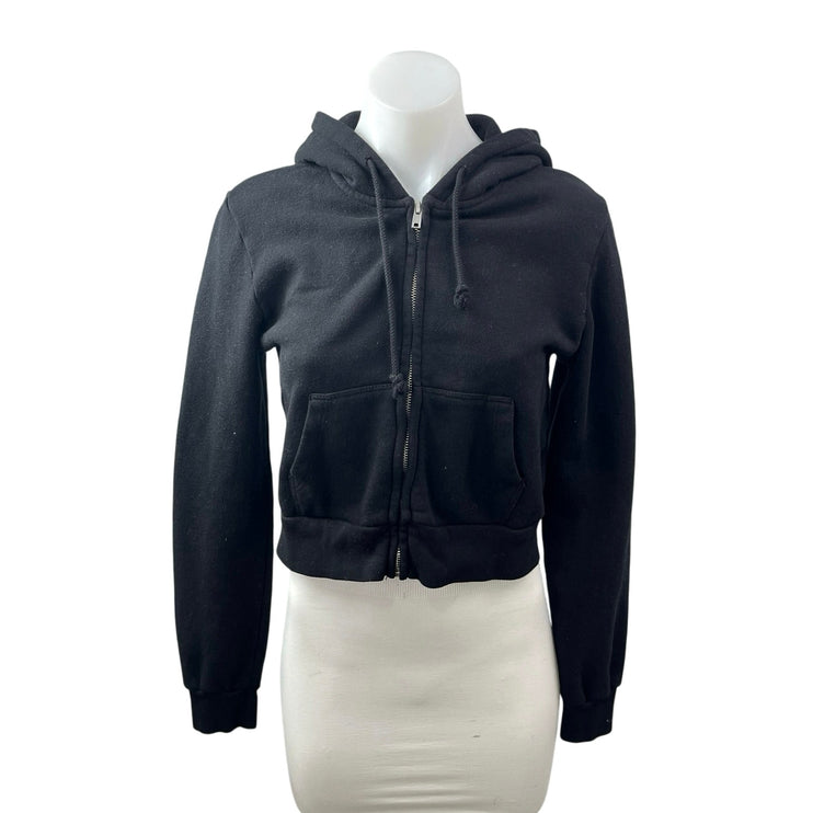 Brandy Melville Women's Black Fleece Full Zip Hoodie Cropped Sweatshirt Top S/M