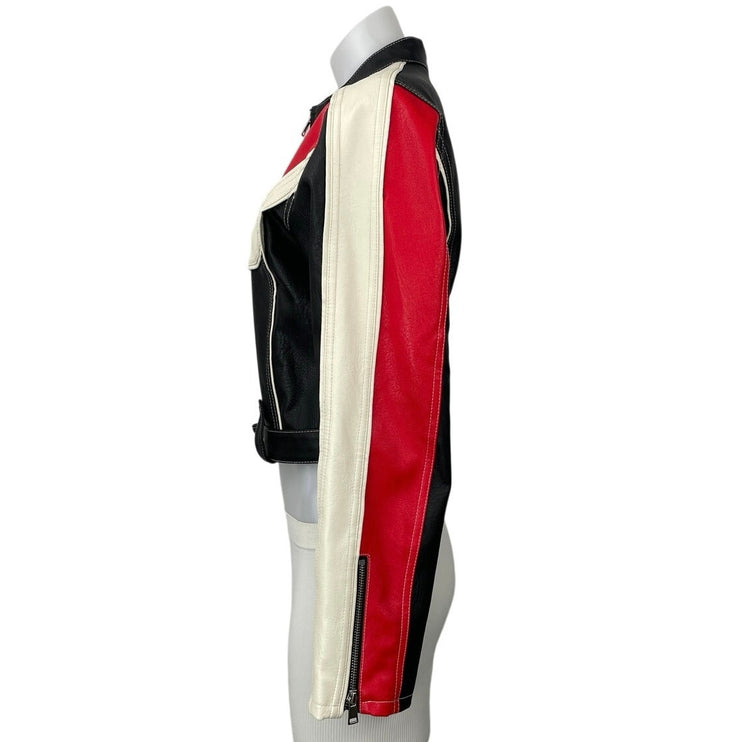 Urban Outfitters Jordan Black Red Faux Leather Crop Moto Racer Jacket Size S/M