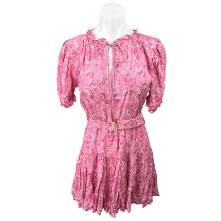 NEW Lusana Ayla Pink Paisley Puff Sleeve Belted Tiered Mini Fit & Flare Dress S