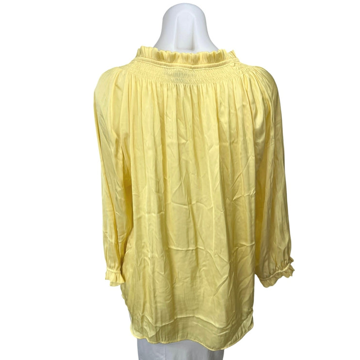 Joan Vass Yellow Ruffle Smocked Tie Neck Long Sleeve Pullover Tunic Blouse Top L