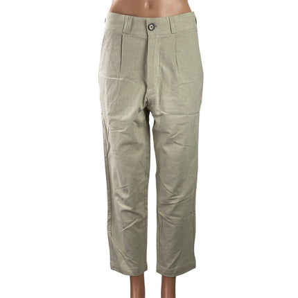 I Love Ugly Women's Beige Linen Khaki Pleated Wide Leg Trousers Pants Size S