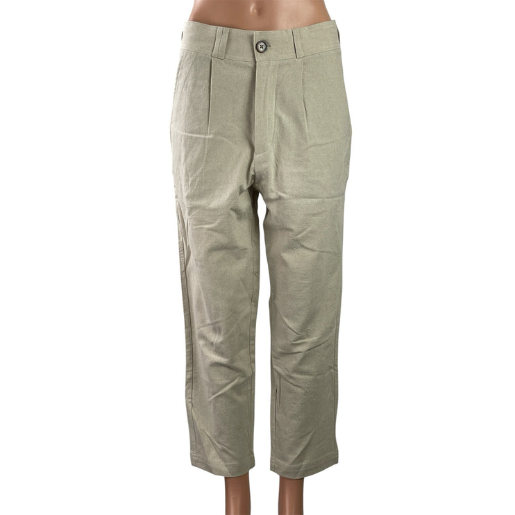 I Love Ugly Women's Beige Linen Khaki Pleated Wide Leg Trousers Pants Size S