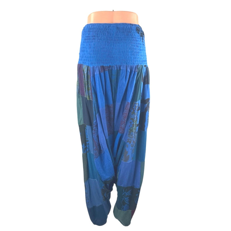 Advance Women's Blue Patchwork Floral Smocked Boho Hippie Harem Pants Size OS