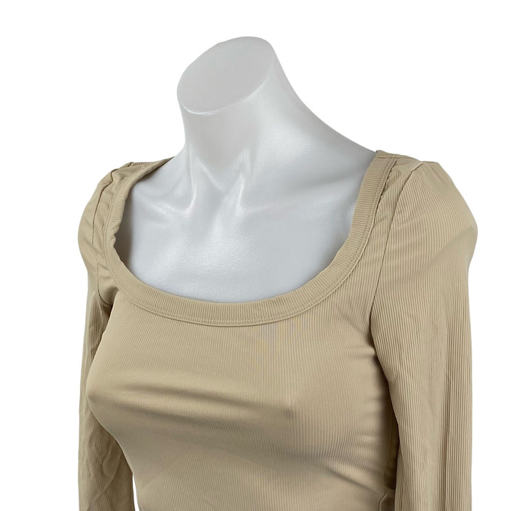 Princess Polly Women's Beige Ribbed Square Neck Long Sleeve Slim T-Shirt Top 4