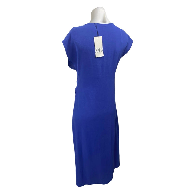 NEW Zara Women's Blue V-neck Ruched Sides Short Sleeve Midi A-Line Dress Size S