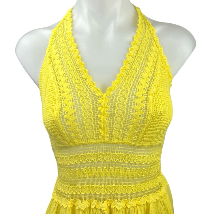 Seaspice Yellow Halter Crochet Knit Sleeveless Smocked Beach Midi Dress Size M