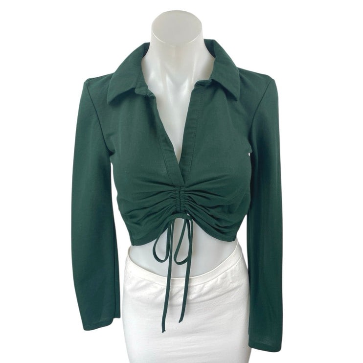 Zara Women's Green Ruched Tie Front Long Sleeve Collared Crop Blouse Top Size S