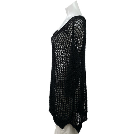 Millau Women's Black 3/4 Sleeves Open Knit Crochet V-neck Tunic Blouse Top Sz S