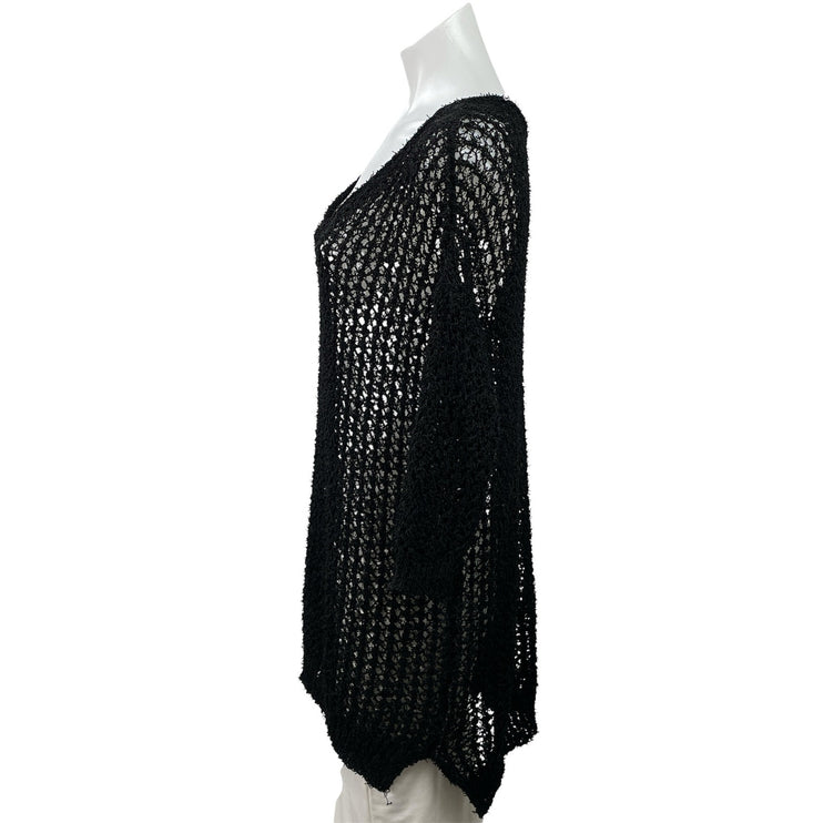 Millau Women's Black 3/4 Sleeves Open Knit Crochet V-neck Tunic Blouse Top Sz S