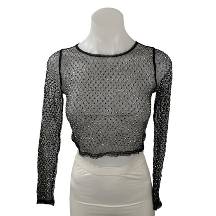 Top Chic Black Rhinestone Mesh Sheer Sparkly Long Sleeve Blouse Crop Top Size S