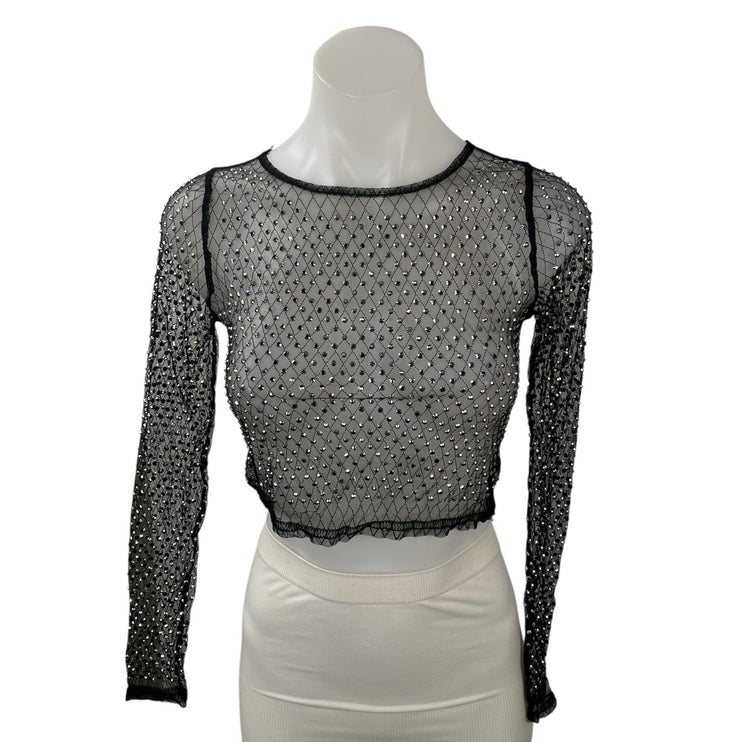 Top Chic Black Rhinestone Mesh Sheer Sparkly Long Sleeve Blouse Crop Top Size S