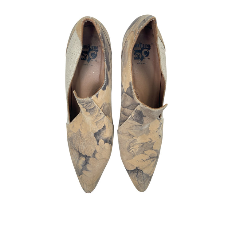 John Fluevog Kendra Gray Beige Floral Leather Pointed Toe Slip On Pump Heels 8.5