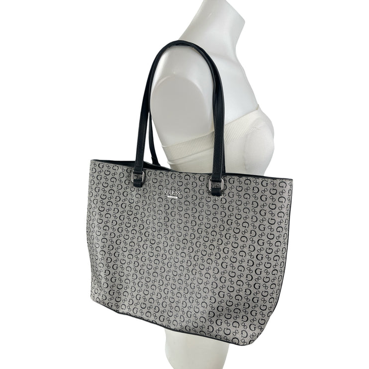 Guess Gray Black Monogram Jacquard Logo Removable Pouch Shopper Tote Bag OS