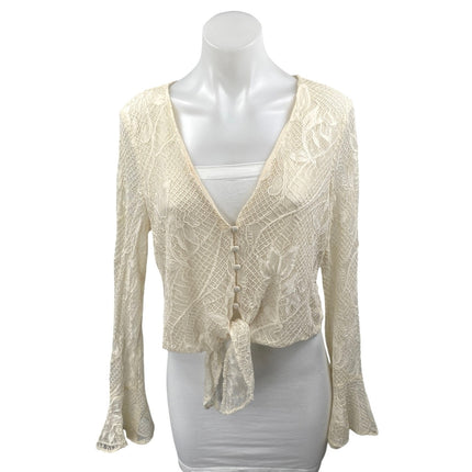 WAYF Cream White Lace Floral Long Bell Sleeve Tie Front V-neck Crop Blouse Top M