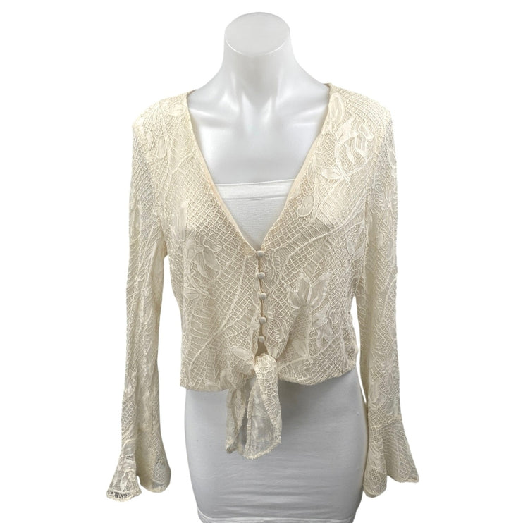 WAYF Cream White Lace Floral Long Bell Sleeve Tie Front V-neck Crop Blouse Top M