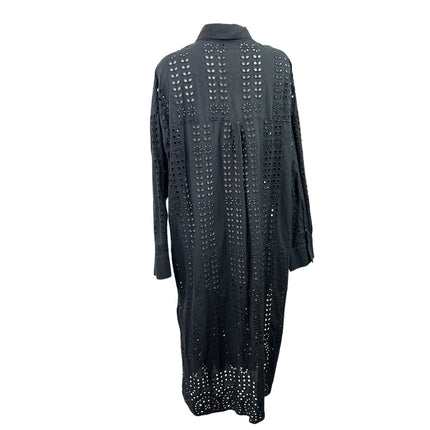 Zara Broderie Black Long Sleeve Eyelet Embroidered Collared Maxi Shirt Dress XL