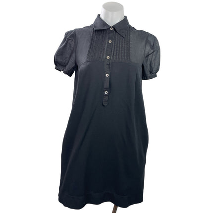 Theory Women's Black Button Puff Short Sleeve Collared Mini Shirt Shift Dress M