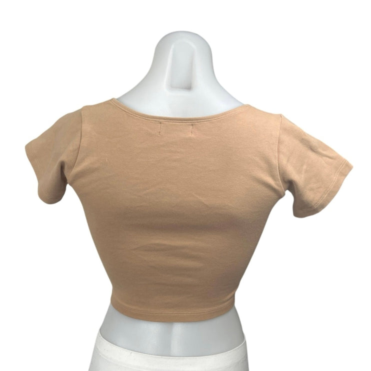 Tiger Mist Tan Beige Short Sleeve Knit Keyhole Scoop T Shirt Tee Crop Top Size S