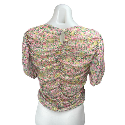 MNG Mango Multicolor Ruched Cinched Floral Short Puff Sleeve Crop Blouse Top L