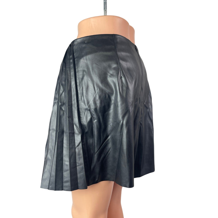 Zara Black Faux Vegan Leather Low Rise Double Belt Mini Flare A-Line Skirt Sz L