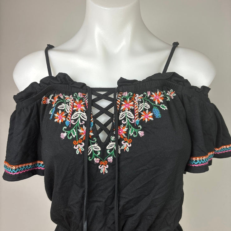 American Eagle Black Floral Embroidered Tassel Cold Shoulder Ruffle Romper Sz XS