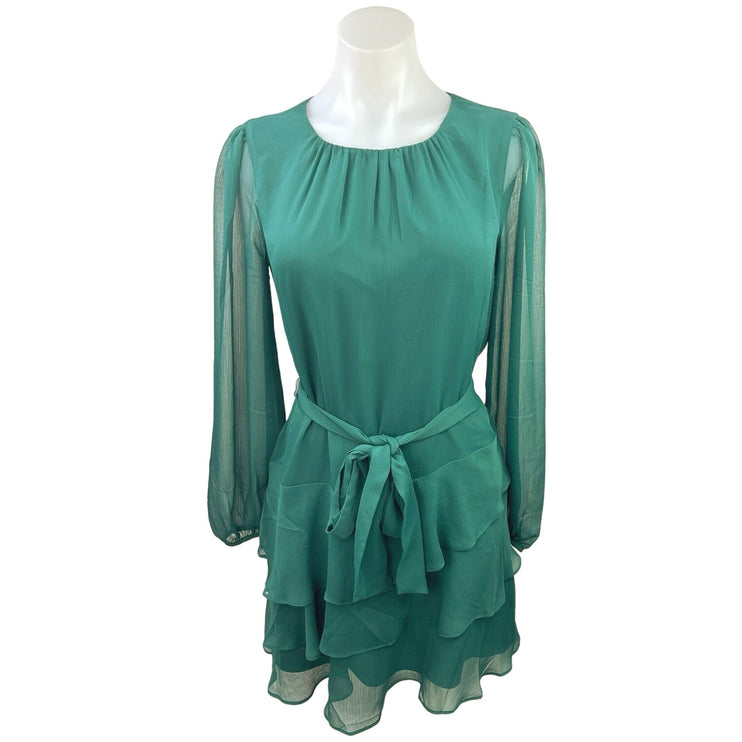 Express Women's Green Ruffle Crew Neck Long Sleeve Tie Waist A-Line Mini Dress S