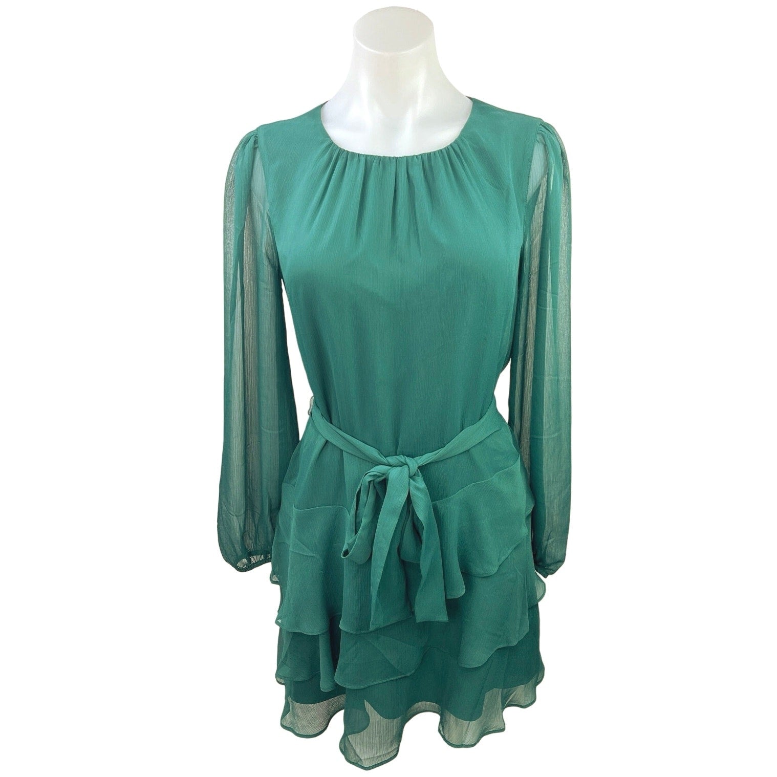 Express Women's Green Ruffle Crew Neck Long Sleeve Tie Waist A-Line Mini Dress S Express Women's Green Ruffle Crew Neck Long Sleeve Tie Waist A-Line Mini Dress S