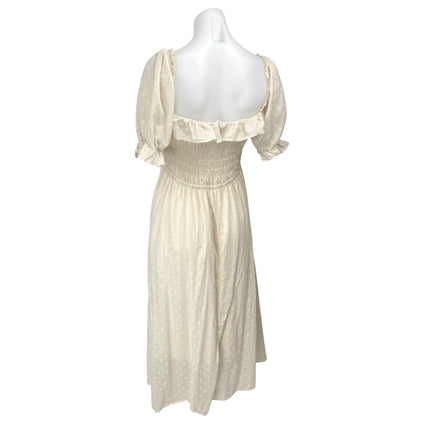 R.Yiposha Beige Short Puff Sleeve Smocked Ruffle Tie Swiss Dot Midi Dress 12/14