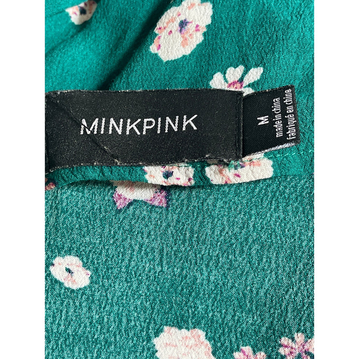 Minkpink Green Short Sleeve Floral Smocked V Neck A Line Mini Wrap Dress Size M