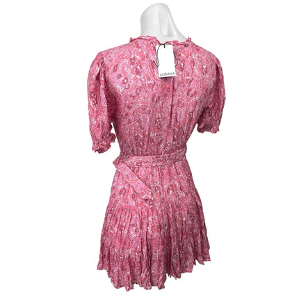 NEW Lusana Ayla Pink Paisley Puff Sleeve Belted Tiered Mini Fit & Flare Dress S