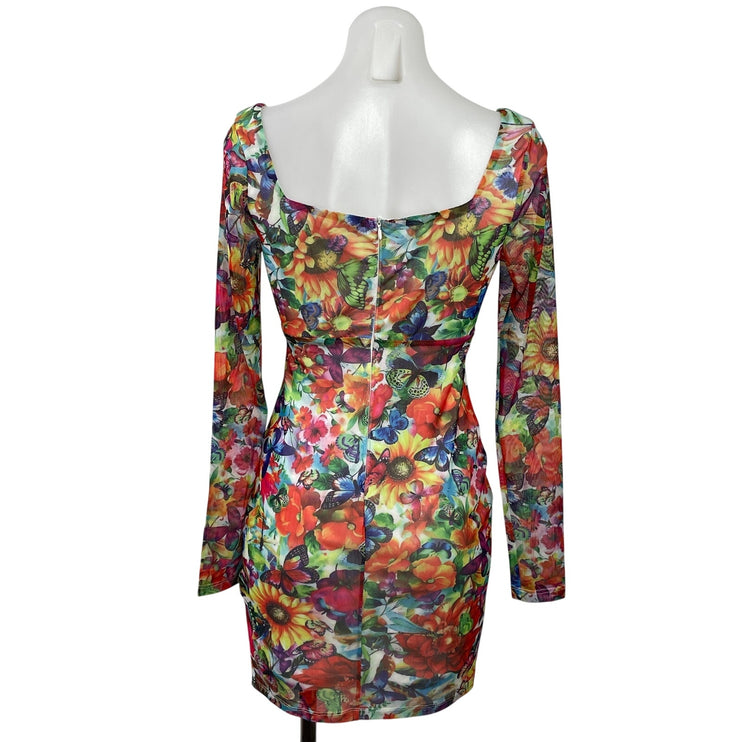 Banjul Women's Multicolor Long Sleeve Floral Sweetheart Bodycon Mini Dress Sz S