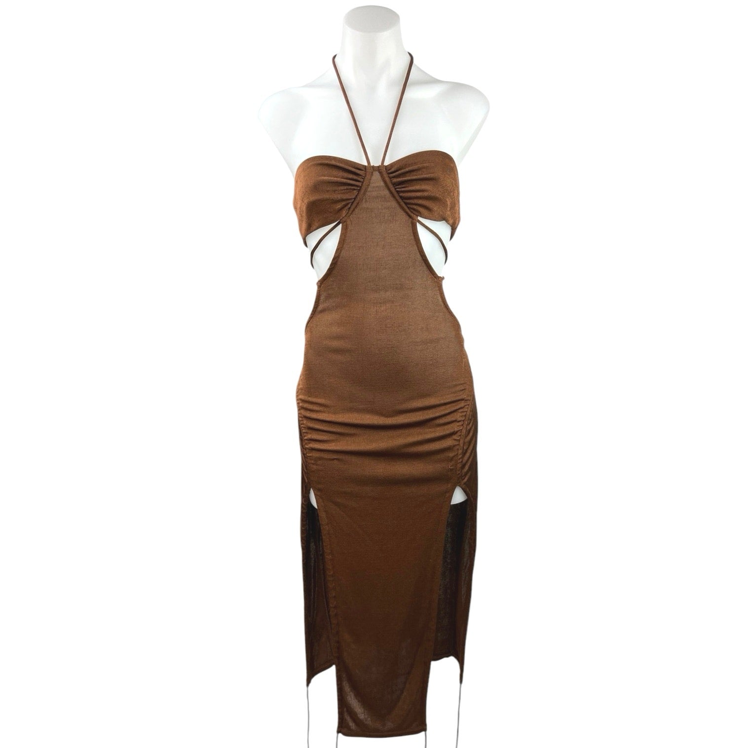H:ours Brown Halter Cutouts Side Slit Ruched Sexy Midi Summer Dress Si –  Brie