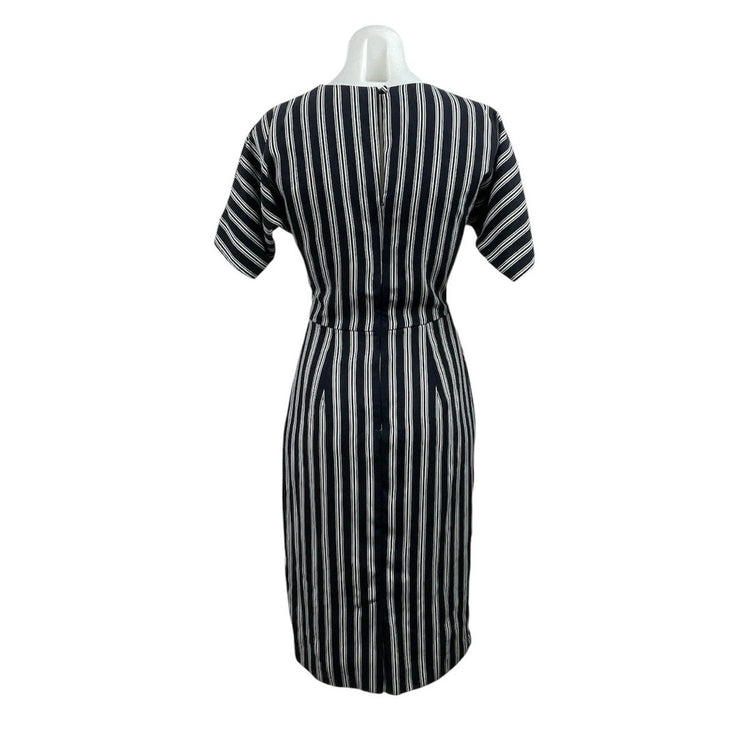 Warehouse Women's Black White Stripe Short Sleeve Belted Midi Sheath Dress Sz 8