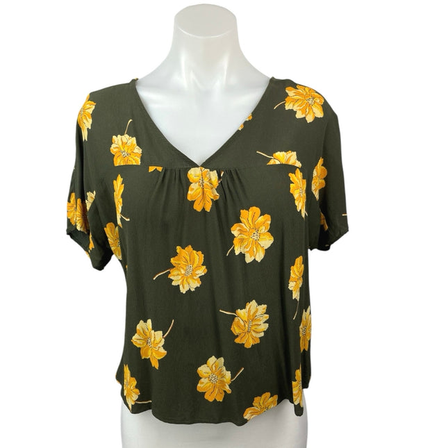 Madewell Rhyme Olive Green Yellow Fall Flowers V-neck Short Sleeve Blouse Top XS