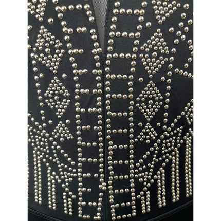 Banjul Black Geometric Stud Sheer Mock Neck Long Sleeve Bodycon Bodysuit Top S