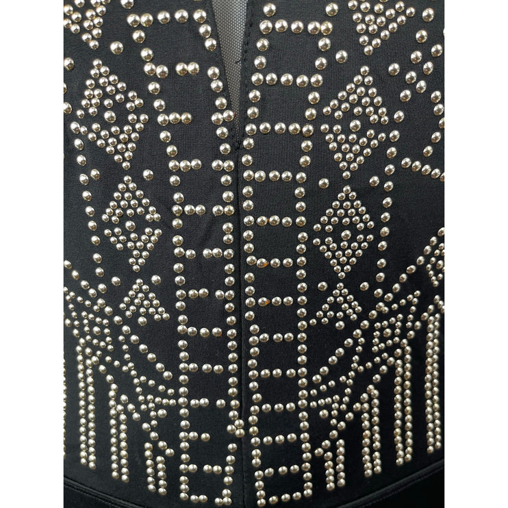 Banjul Black Geometric Stud Sheer Mock Neck Long Sleeve Bodycon Bodysuit Top S